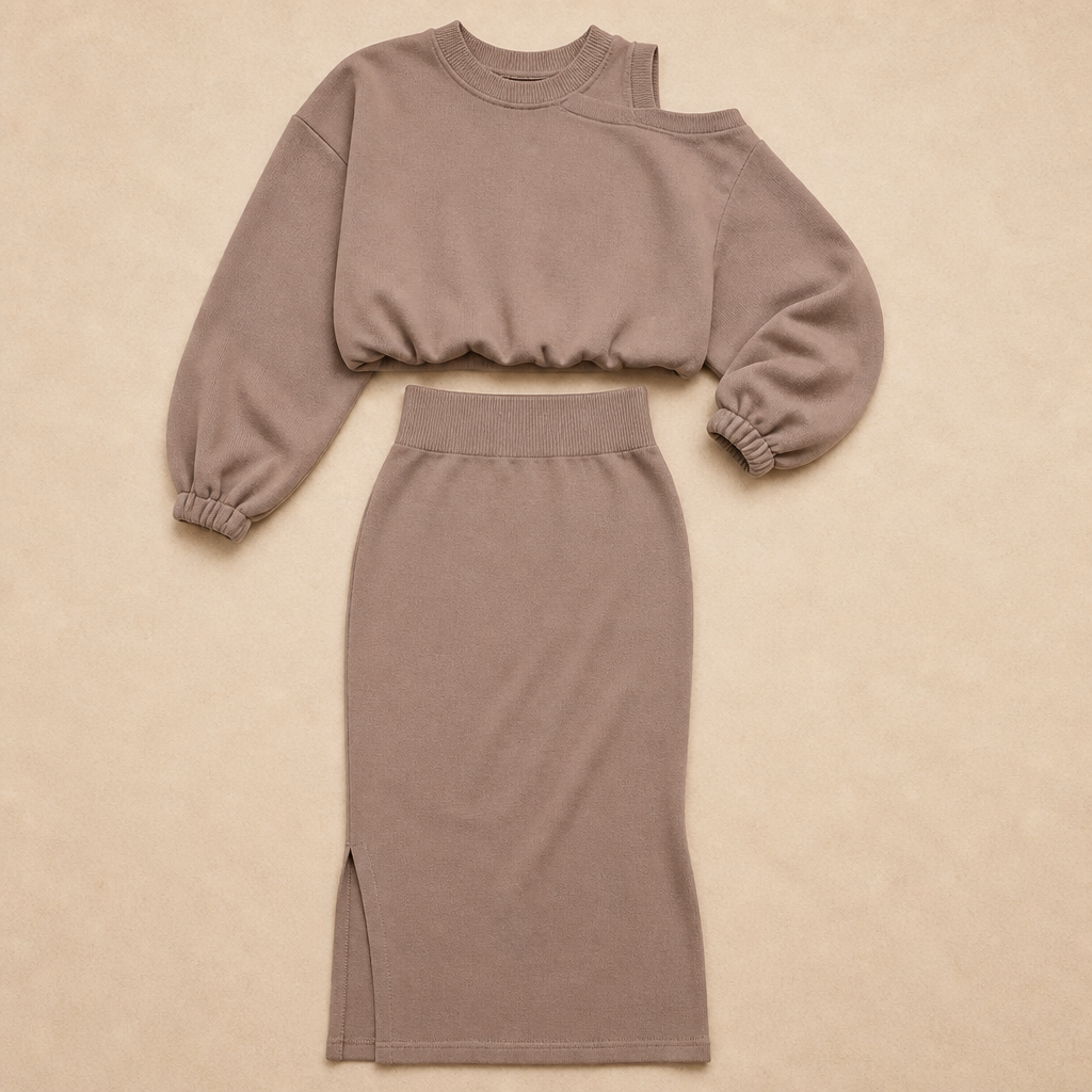 VelaVista™ – Cut-Out Shoulder Sweatshirt and Fitted Midi Dress Set