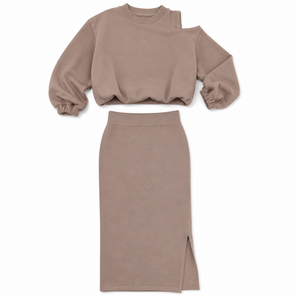 VelaVista™ – Cut-Out Shoulder Sweatshirt and Fitted Midi Dress Set
