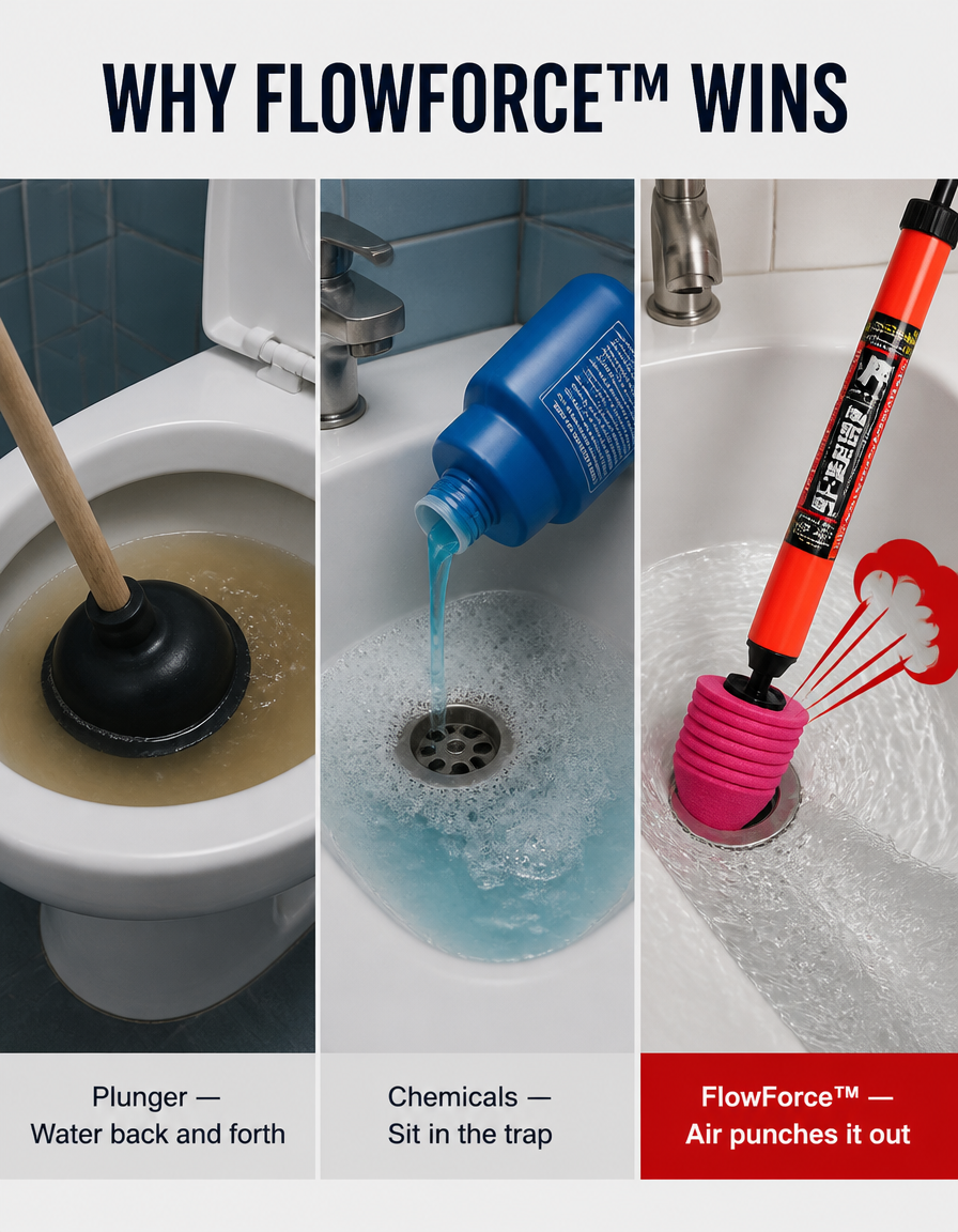 FlowForce™ — Blast Stubborn Clogs Loose in Seconds Without a Plumber