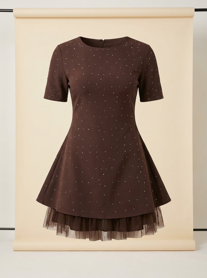 LuxeCurve™ – Crystal-Studded A-Line Mini Dress with Tulle Hem